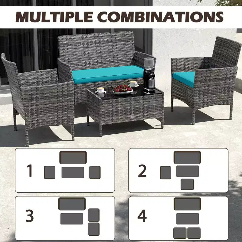 Ensemble de meubles de patio Costway 4 pièces avec coussins lavables et table basse en verre trempé gris