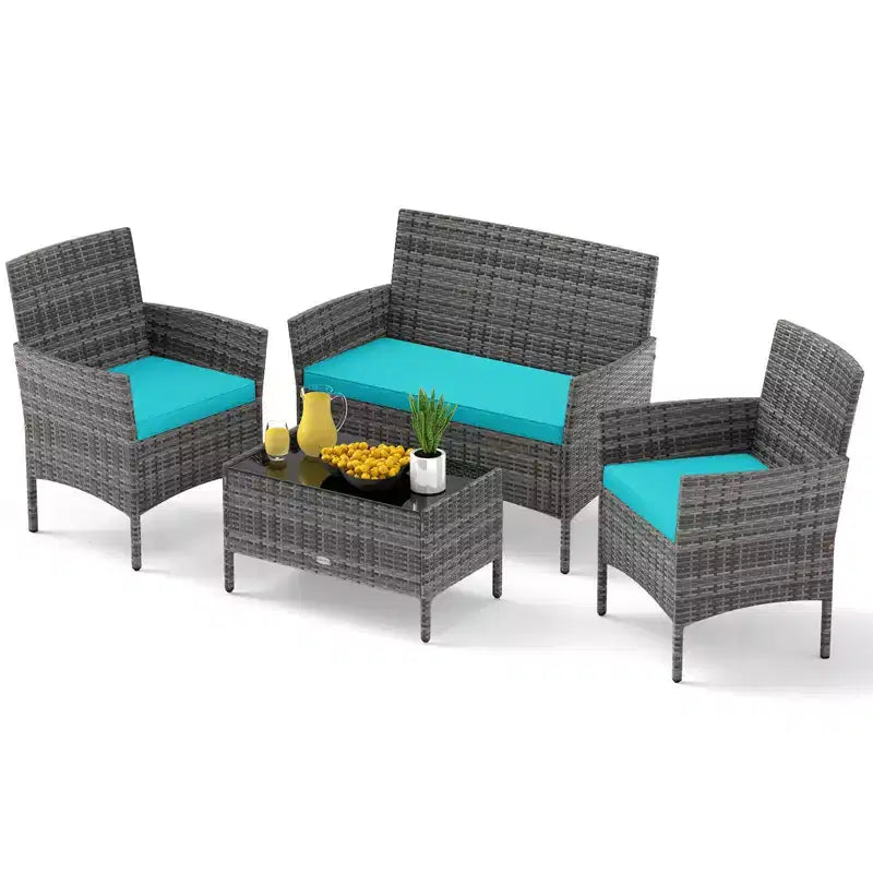 Ensemble de meubles de patio Costway 4 pièces avec coussins lavables et table basse en verre trempé gris