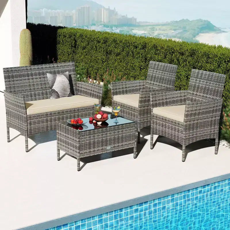 Ensemble de meubles de patio Costway 4 pièces avec coussins lavables et table basse en verre trempé gris