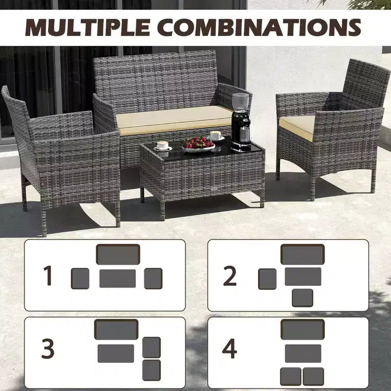 Ensemble de meubles de patio Costway 4 pièces avec coussins lavables et table basse en verre trempé gris