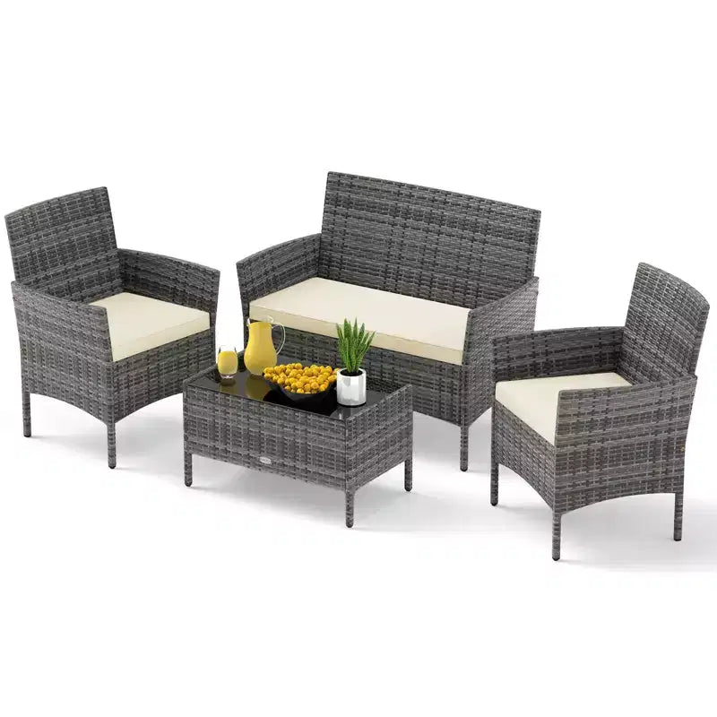Ensemble de meubles de patio Costway 4 pièces avec coussins lavables et table basse en verre trempé gris