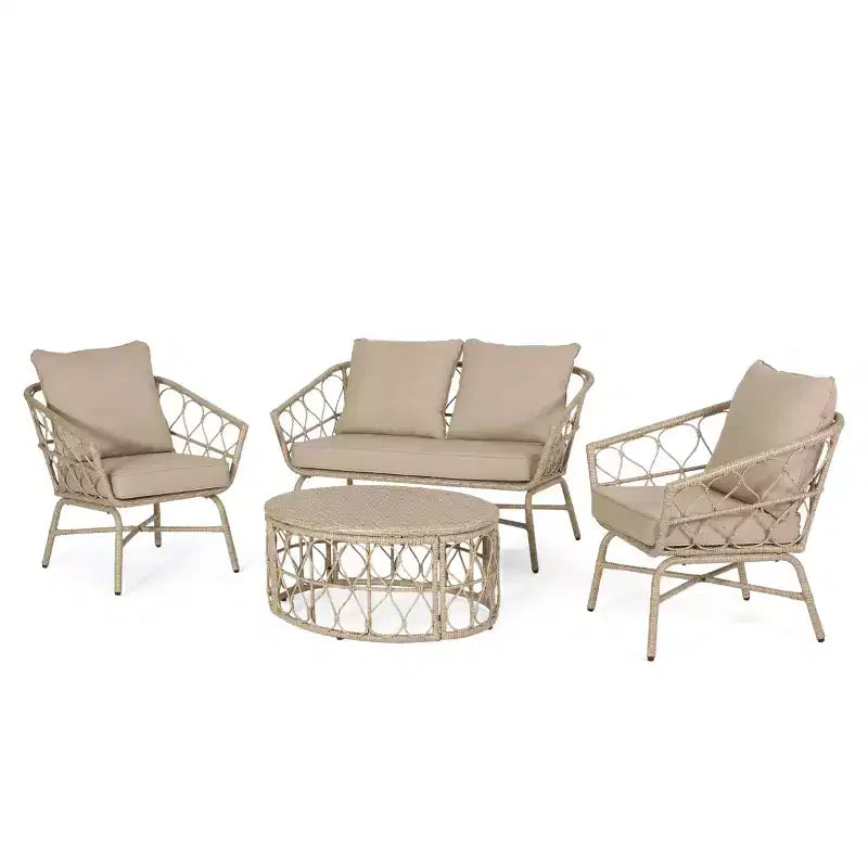 GDFStudio Colmar Outdoor Wicker 4 Seater Chat Set with Cushions, Light Brown/Beige