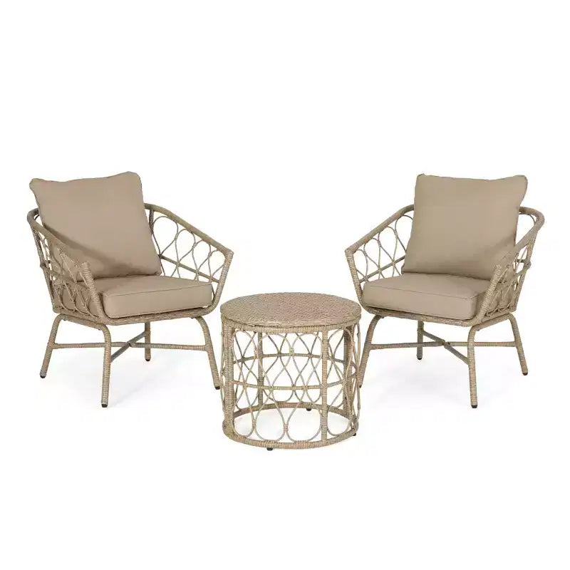 GDFStudio Colmar Outdoor Wicker 3 Piece Chat Set with Cushions, Light Brown/Beige