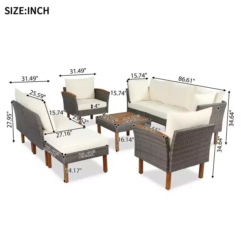 Salon de jardin 9 pièces en rotin, ensemble de canapés de patio avec table basse et coussins lavables - ModernLuxe