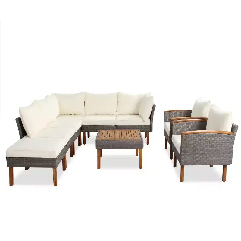 Salon de jardin 9 pièces en rotin, ensemble de canapés de patio avec table basse et coussins lavables - ModernLuxe