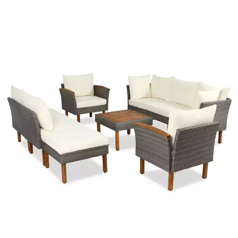 Salon de jardin 9 pièces en rotin, ensemble de canapés de patio avec table basse et coussins lavables - ModernLuxe