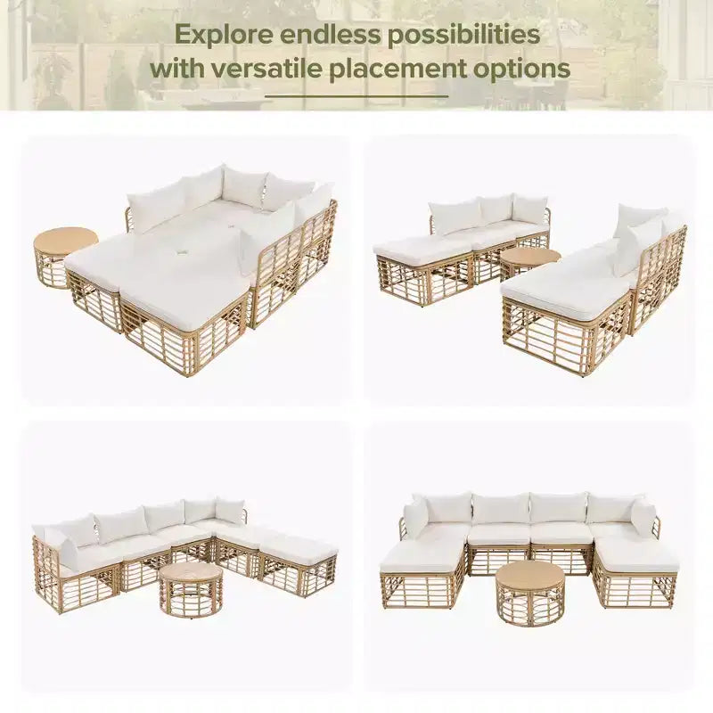 Ensemble de canapé d'extérieur sectionnel en rotin résistant aux intempéries Whisen avec coussins épais et oreillers, ensembles de conversation librement combinables
