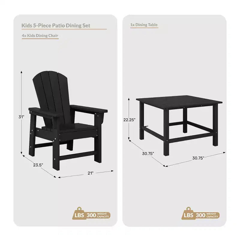 WestinTrends Malibu Ensemble de salle à manger d'extérieur carré 5 pièces en PEHD pour enfants avec table et chaises
