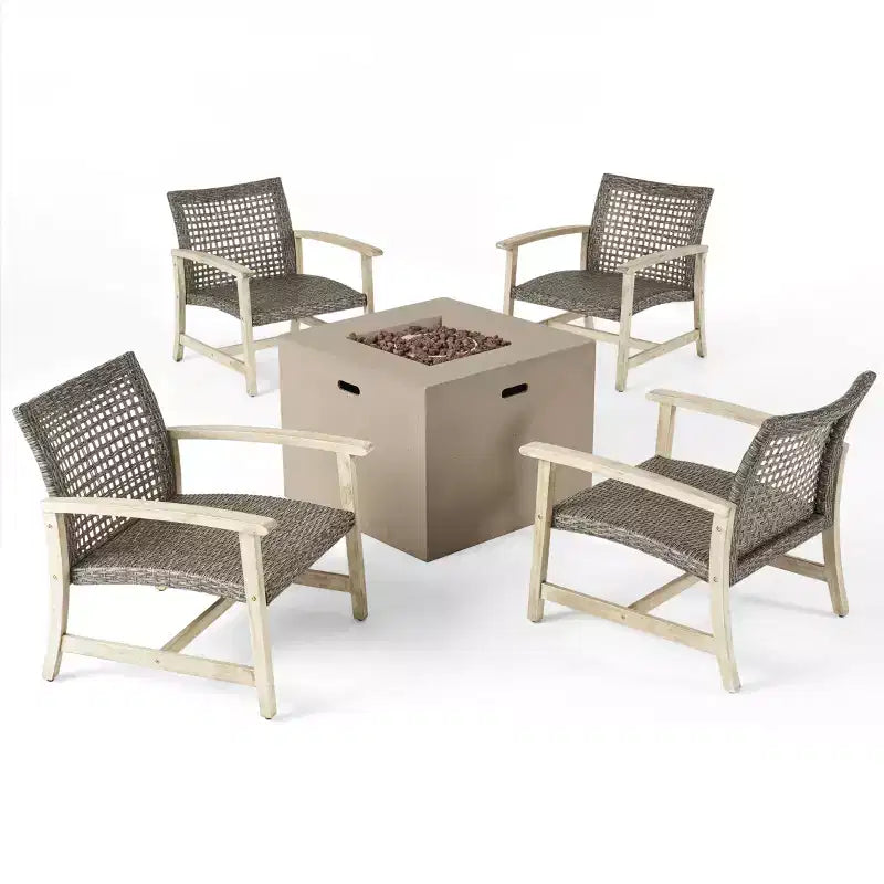 Christopher Knight Home Augusta Ensemble de 5 pièces pour extérieur en bois d'acacia et osier avec fauteuils de club et foyer