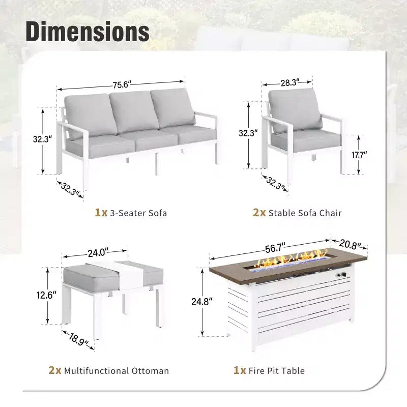 Captiva Designs – Ensemble de mobilier de jardin 6 pièces en aluminium avec foyer et pouf