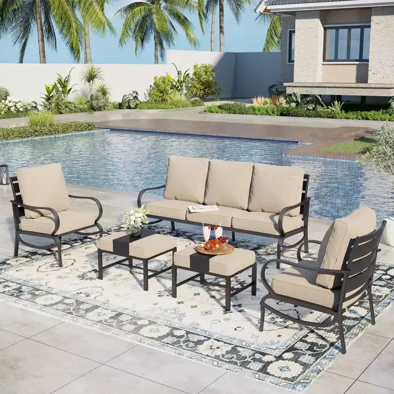 Ensemble de conversation de 5 meubles de patio en métal Captiva Designs avec poufs pour jardin, véranda, arrière-cour