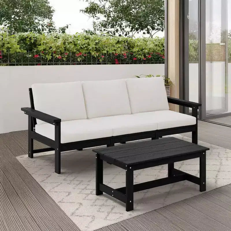 Canapé 3 places moderne Hyleory en PEHD avec coussins souples amovibles et table basse à larges lattes - Durable, résistant aux intempéries, facile à nettoyer