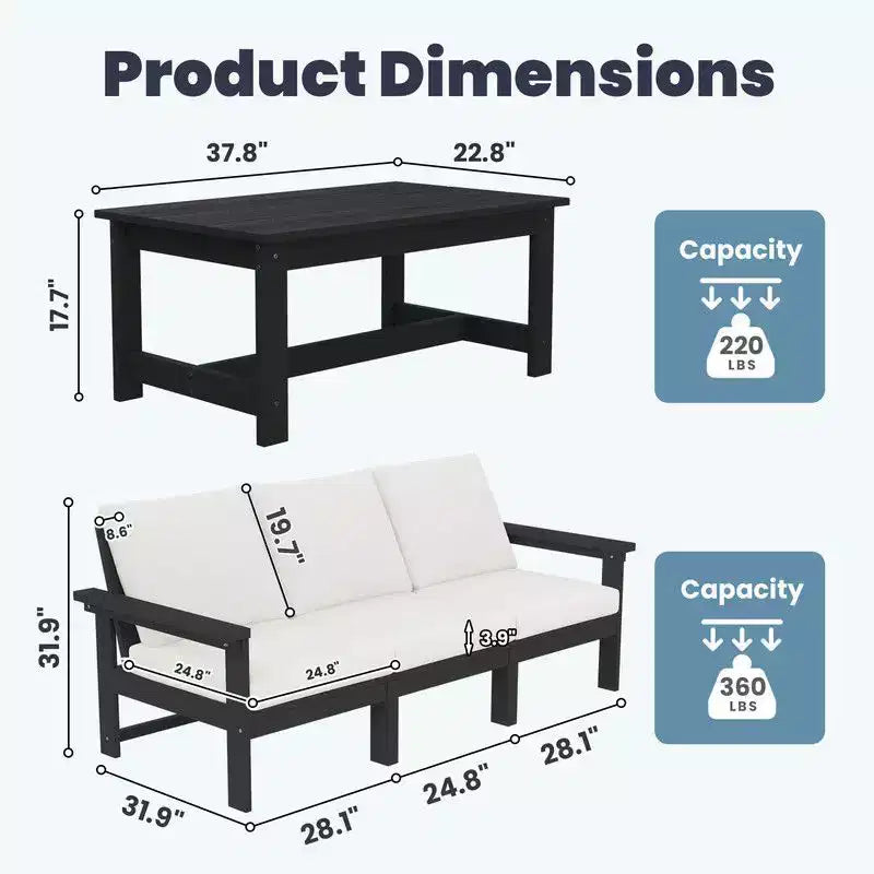 Canapé 3 places moderne Hyleory en PEHD avec coussins souples amovibles et table basse à larges lattes - Durable, résistant aux intempéries, facile à nettoyer