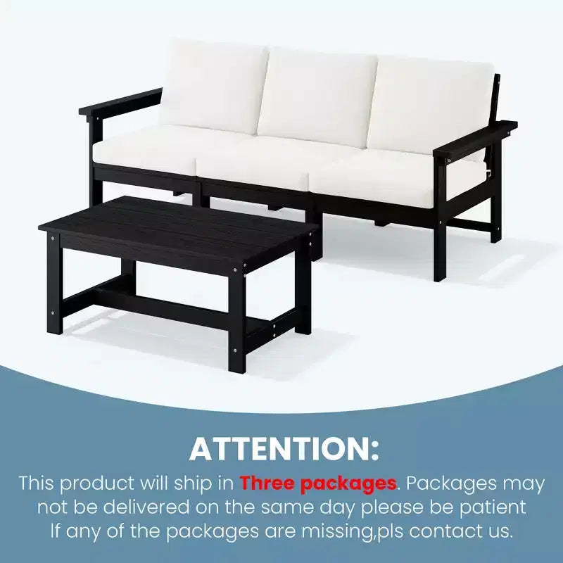 Canapé 3 places moderne Hyleory en PEHD avec coussins souples amovibles et table basse à larges lattes - Durable, résistant aux intempéries, facile à nettoyer