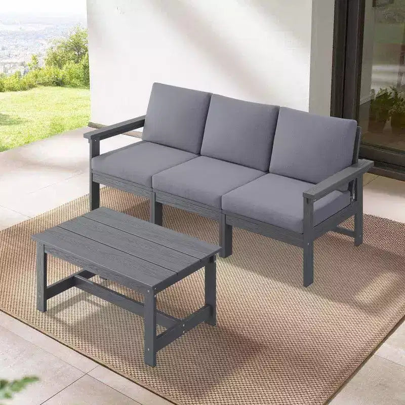 Canapé 3 places moderne Hyleory en PEHD avec coussins souples amovibles et table basse à larges lattes - Durable, résistant aux intempéries, facile à nettoyer