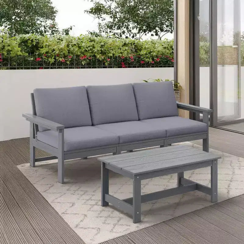 Canapé 3 places moderne Hyleory en PEHD avec coussins souples amovibles et table basse à larges lattes - Durable, résistant aux intempéries, facile à nettoyer