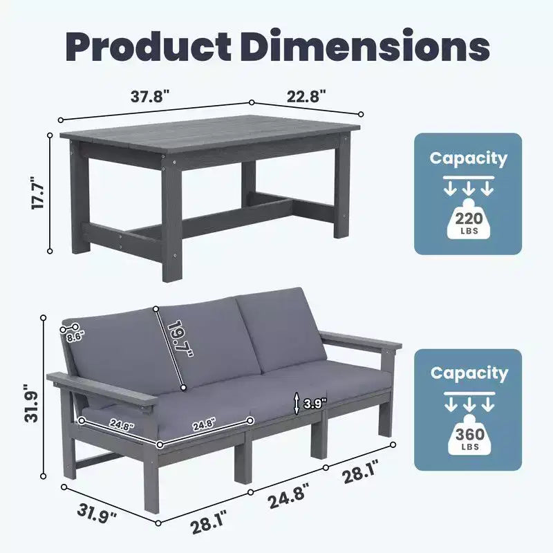 Canapé 3 places moderne Hyleory en PEHD avec coussins souples amovibles et table basse à larges lattes - Durable, résistant aux intempéries, facile à nettoyer