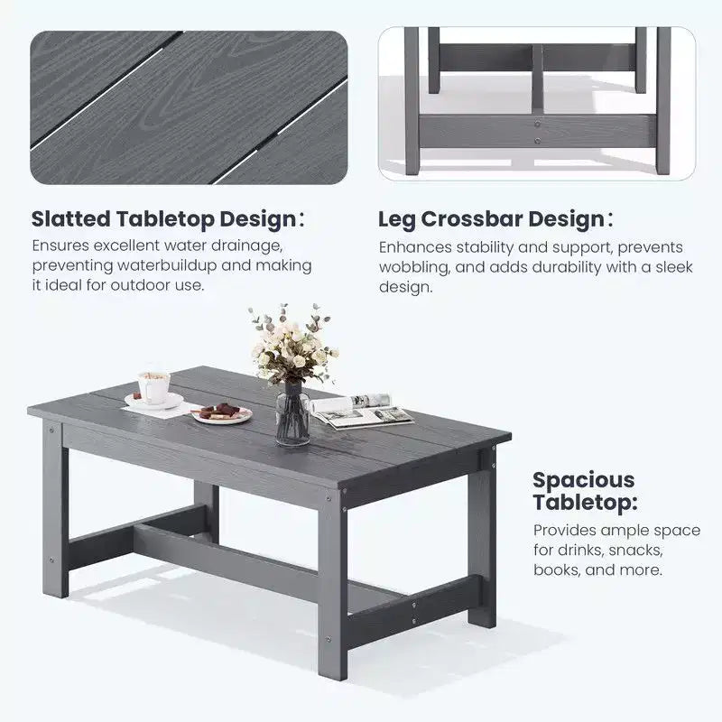 Canapé 3 places moderne Hyleory en PEHD avec coussins souples amovibles et table basse à larges lattes - Durable, résistant aux intempéries, facile à nettoyer