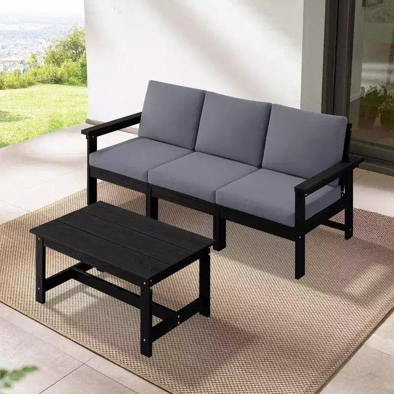 Canapé 3 places moderne Hyleory en PEHD avec coussins souples amovibles et table basse à larges lattes - Durable, résistant aux intempéries, facile à nettoyer