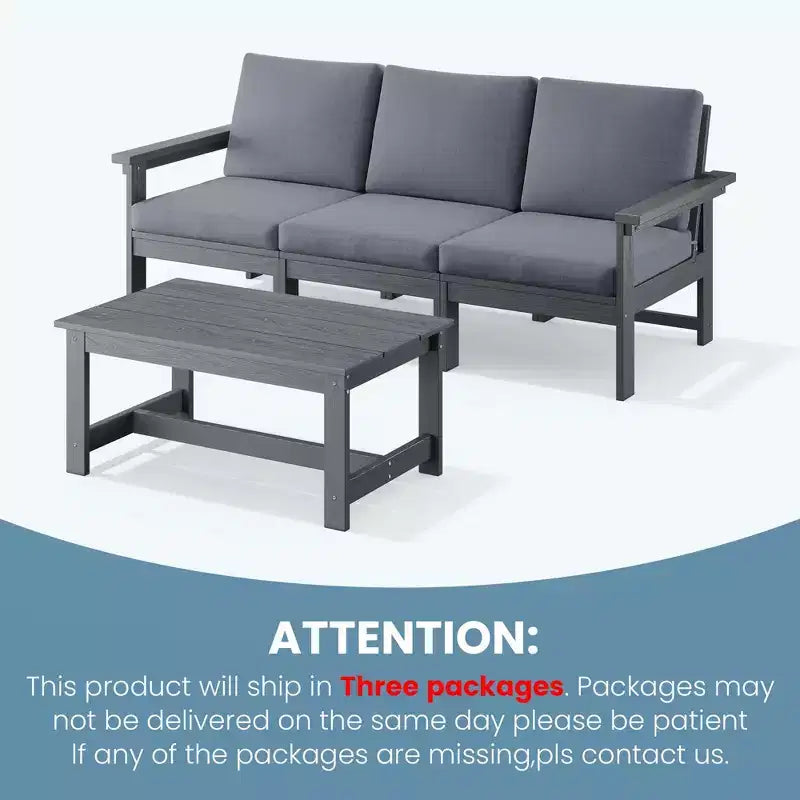 Canapé 3 places moderne Hyleory en PEHD avec coussins souples amovibles et table basse à larges lattes - Durable, résistant aux intempéries, facile à nettoyer