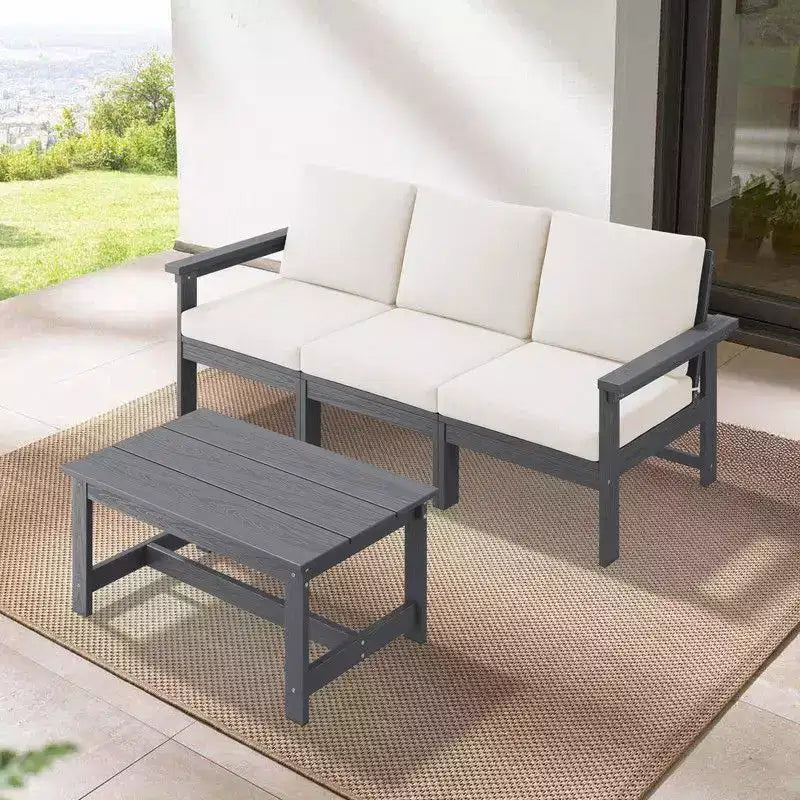 Canapé 3 places moderne Hyleory en PEHD avec coussins souples amovibles et table basse à larges lattes - Durable, résistant aux intempéries, facile à nettoyer