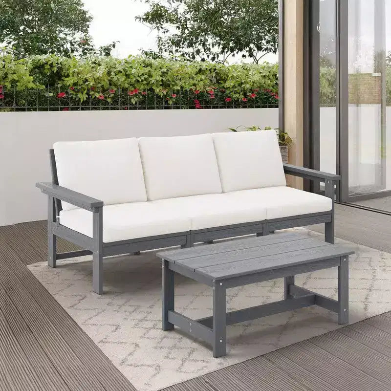 Canapé 3 places moderne Hyleory en PEHD avec coussins souples amovibles et table basse à larges lattes - Durable, résistant aux intempéries, facile à nettoyer