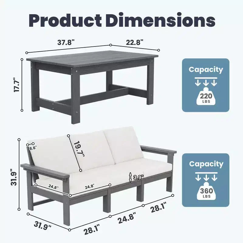 Canapé 3 places moderne Hyleory en PEHD avec coussins souples amovibles et table basse à larges lattes - Durable, résistant aux intempéries, facile à nettoyer
