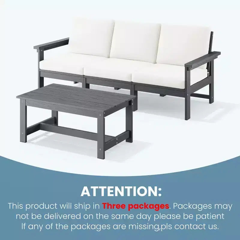 Canapé 3 places moderne Hyleory en PEHD avec coussins souples amovibles et table basse à larges lattes - Durable, résistant aux intempéries, facile à nettoyer