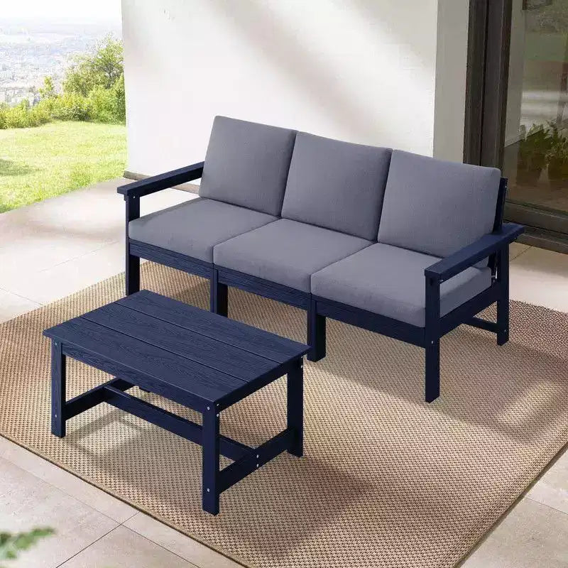 Canapé 3 places moderne Hyleory en PEHD avec coussins souples amovibles et table basse à larges lattes - Durable, résistant aux intempéries, facile à nettoyer