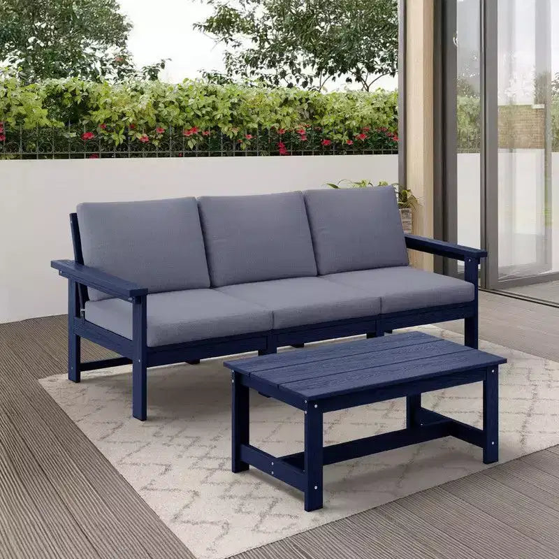 Canapé 3 places moderne Hyleory en PEHD avec coussins souples amovibles et table basse à larges lattes - Durable, résistant aux intempéries, facile à nettoyer