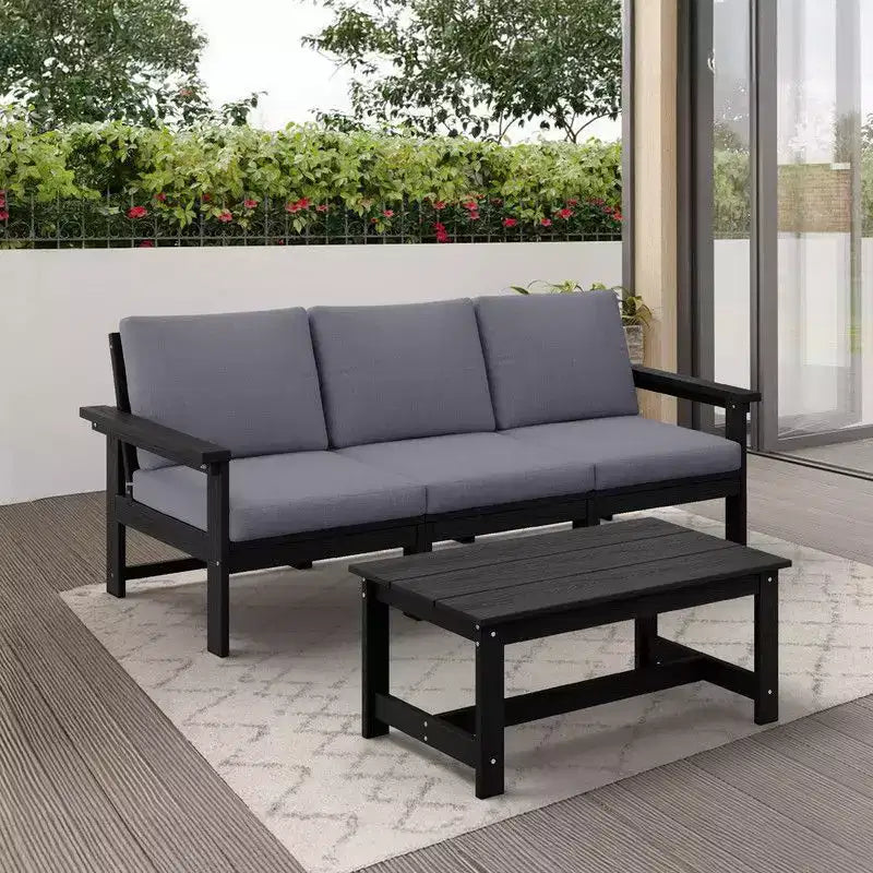 Canapé 3 places moderne Hyleory en PEHD avec coussins souples amovibles et table basse à larges lattes - Durable, résistant aux intempéries, facile à nettoyer