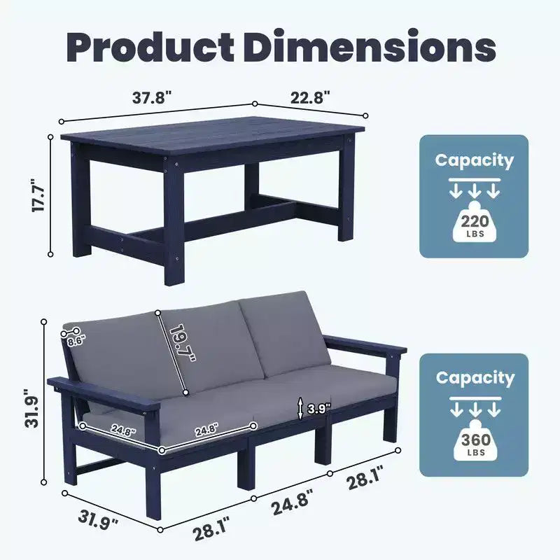 Canapé 3 places moderne Hyleory en PEHD avec coussins souples amovibles et table basse à larges lattes - Durable, résistant aux intempéries, facile à nettoyer