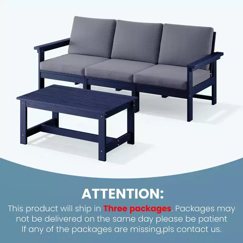 Canapé 3 places moderne Hyleory en PEHD avec coussins souples amovibles et table basse à larges lattes - Durable, résistant aux intempéries, facile à nettoyer