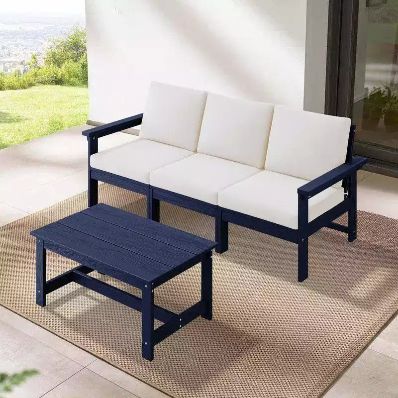 Canapé 3 places moderne Hyleory en PEHD avec coussins souples amovibles et table basse à larges lattes - Durable, résistant aux intempéries, facile à nettoyer