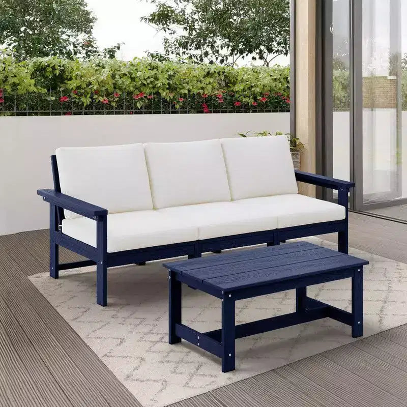 Canapé 3 places moderne Hyleory en PEHD avec coussins souples amovibles et table basse à larges lattes - Durable, résistant aux intempéries, facile à nettoyer