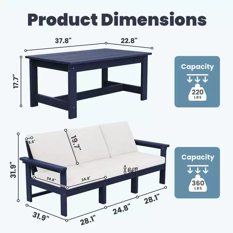 Canapé 3 places moderne Hyleory en PEHD avec coussins souples amovibles et table basse à larges lattes - Durable, résistant aux intempéries, facile à nettoyer