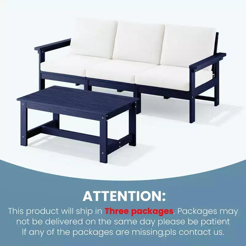 Canapé 3 places moderne Hyleory en PEHD avec coussins souples amovibles et table basse à larges lattes - Durable, résistant aux intempéries, facile à nettoyer