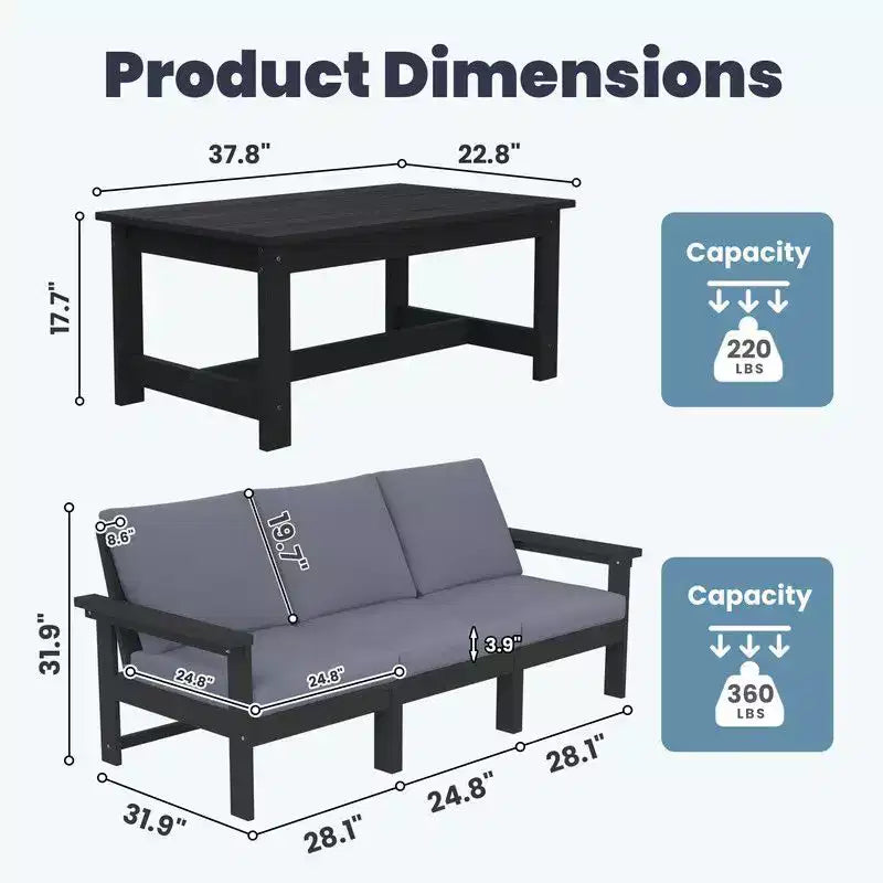 Canapé 3 places moderne Hyleory en PEHD avec coussins souples amovibles et table basse à larges lattes - Durable, résistant aux intempéries, facile à nettoyer
