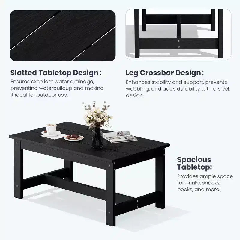 Canapé 3 places moderne Hyleory en PEHD avec coussins souples amovibles et table basse à larges lattes - Durable, résistant aux intempéries, facile à nettoyer