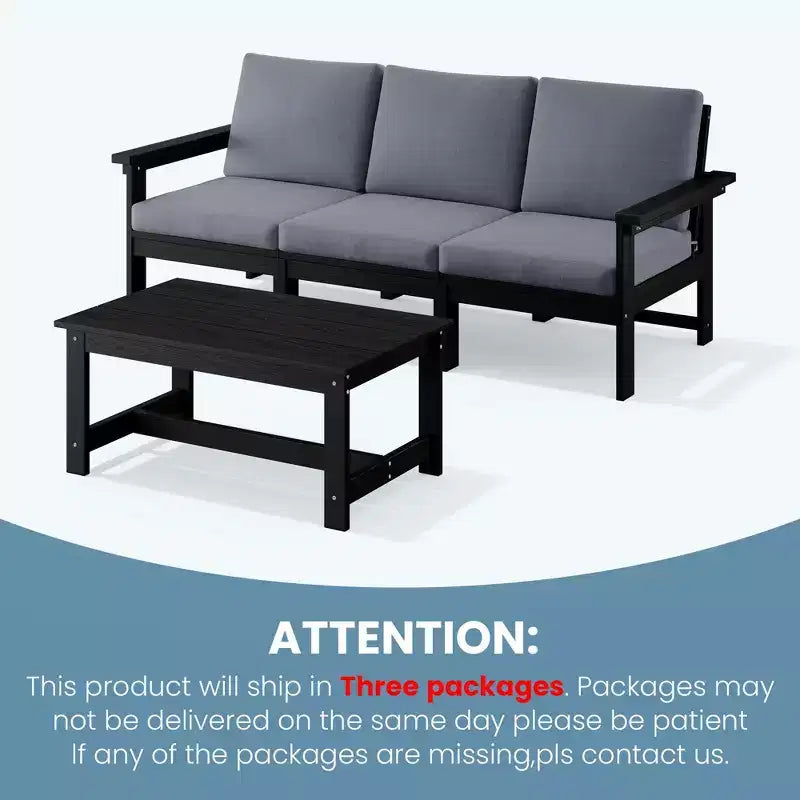 Canapé 3 places moderne Hyleory en PEHD avec coussins souples amovibles et table basse à larges lattes - Durable, résistant aux intempéries, facile à nettoyer