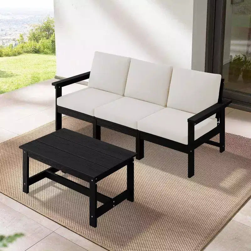 Canapé 3 places moderne Hyleory en PEHD avec coussins souples amovibles et table basse à larges lattes - Durable, résistant aux intempéries, facile à nettoyer