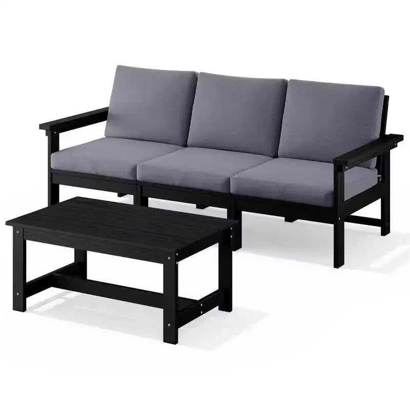 Canapé 3 places moderne Hyleory en PEHD avec coussins souples amovibles et table basse à larges lattes - Durable, résistant aux intempéries, facile à nettoyer