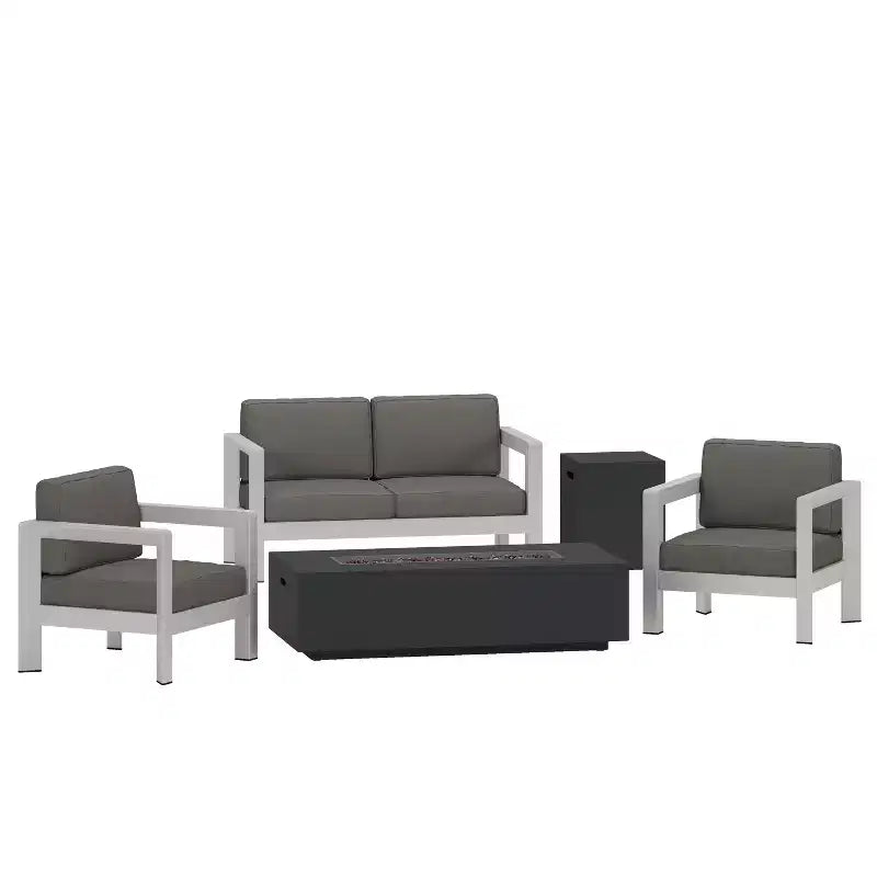GDFStudio Alec Outdoor Aluminum 4 Seater Chat Set with Fire Pit