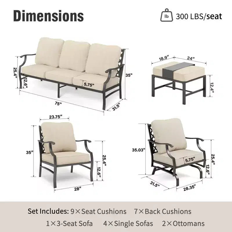 Captiva Designs Salon de conversation d'extérieur 7 pièces en métal avec fauteuils à bascule à dossier quadrillé, poufs pour jardin, piscine, arrière-cour