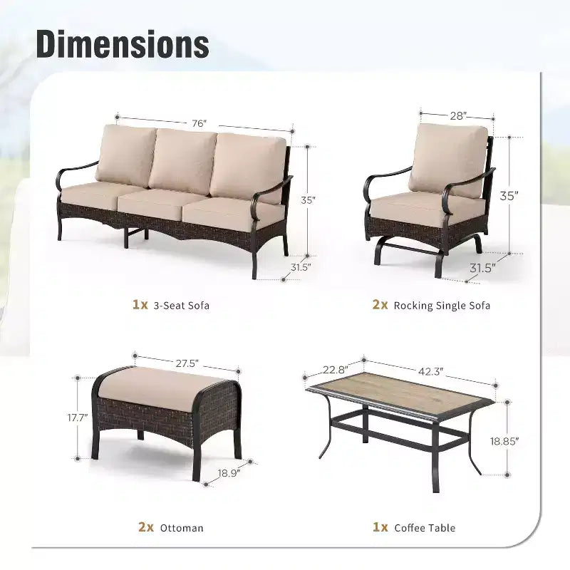 Captiva Designs Salon de jardin 6 pièces extra large en métal et rotin avec fauteuils à bascule et poufs