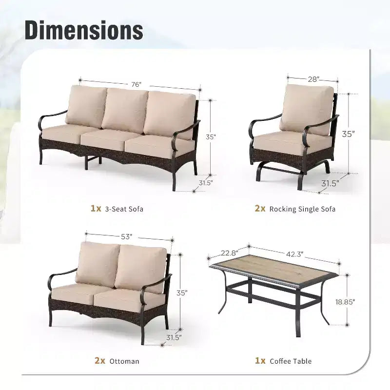 Captiva Designs Ensemble de conversation d'extérieur 5 pièces extra large en métal et rotin avec fauteuils à bascule et causeuse