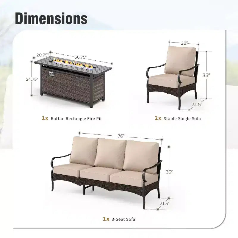 Ensemble de foyer extérieur 4 pièces grand format en métal et rotin Captiva Designs avec canapés individuels