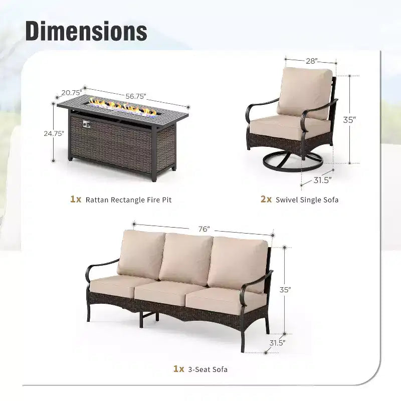 Ensemble de patio extérieur Captiva Designs de 4 pièces, extra large, en métal et rotin avec foyer et canapés pivotants