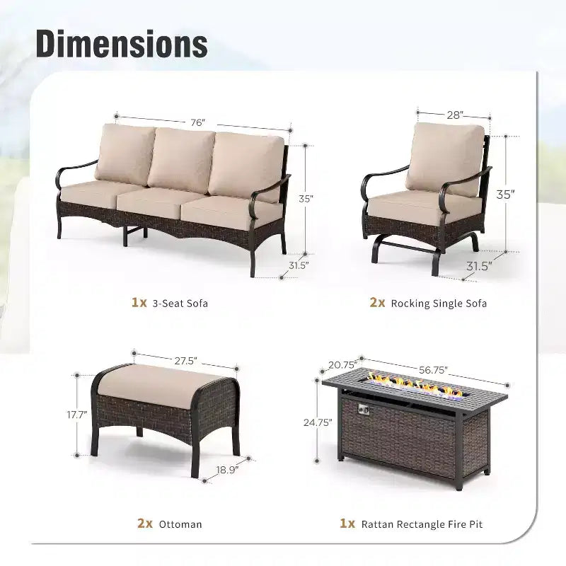 Ensemble de salon de jardin Captiva Designs 6 pièces extra large en métal et rotin avec foyer, canapés à bascule et poufs
