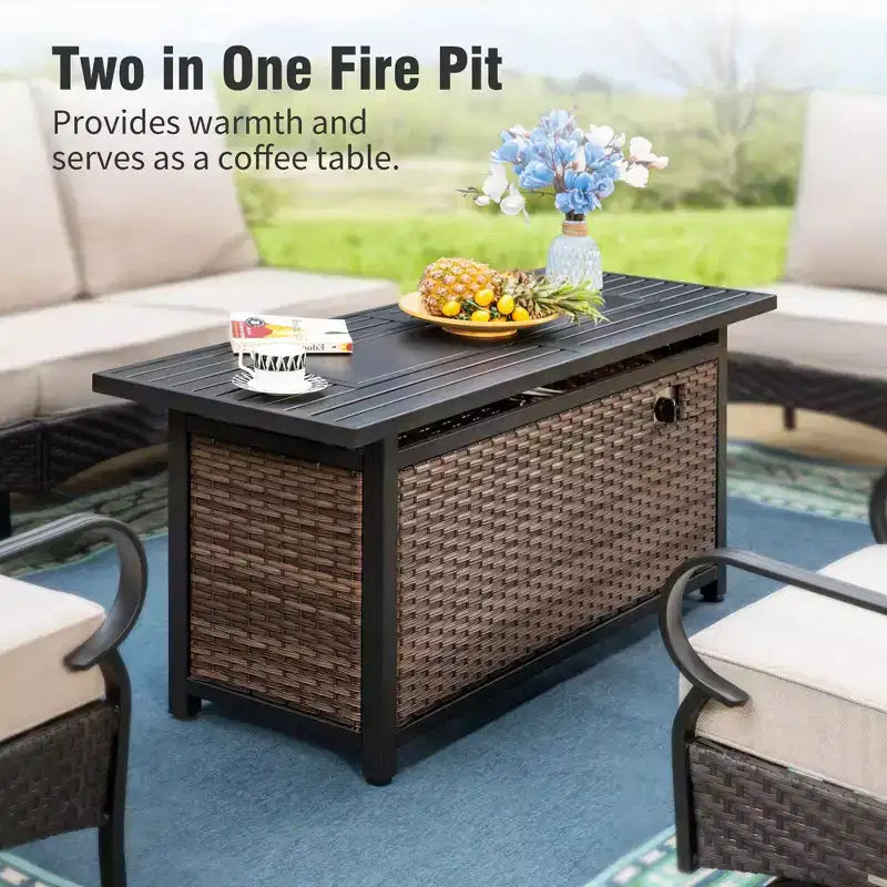 Ensemble de salon de jardin Captiva Designs 6 pièces extra large en métal et rotin avec foyer, canapés à bascule et poufs